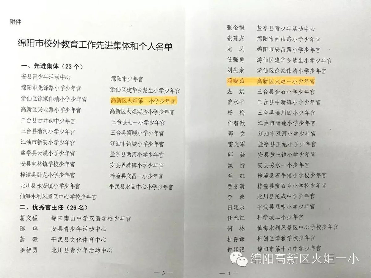 【喜讯】1、热烈祝贺我校被市文明办评为绵阳市校外教育工作先进集体，蒲晓茹校长被评为优秀宫主任。