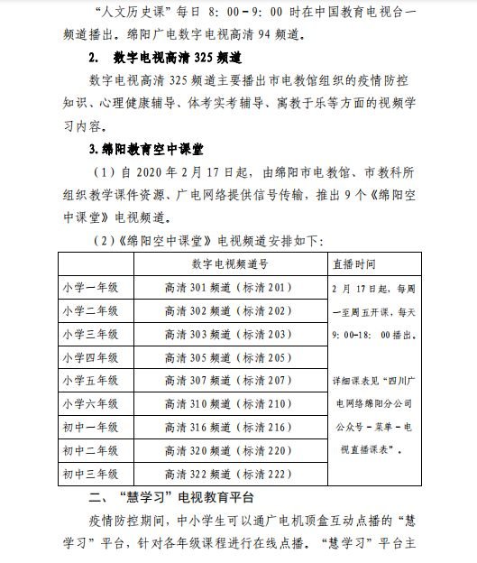 市教体局推荐，可免费观看9个《绵阳空中课堂》电视频道